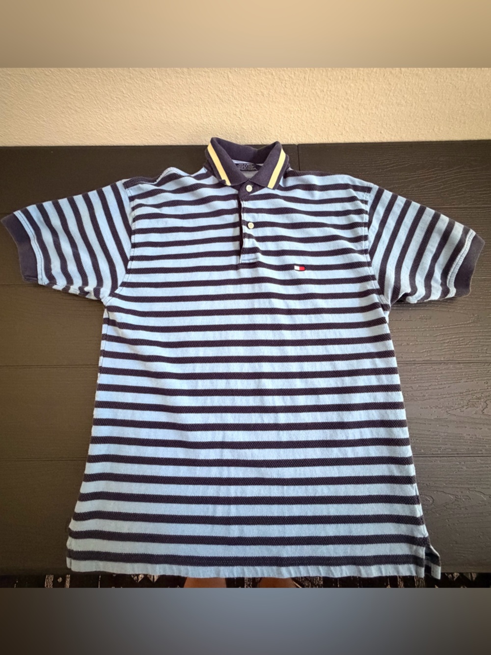 Vintage Tommy Hilfiger Navy & Light Blue Striped Polo with Yellow Trim